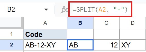 Formula `=SPLIT(A2, "-")` in B2 breaks "AB-12-XY" into "AB", "12", "XY".