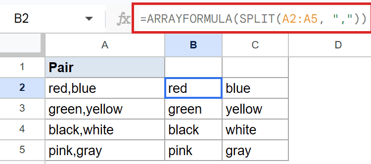 ARRAYFORMULA SPLIT in B2 separates A2:A5 text using a comma in Google Sheets.