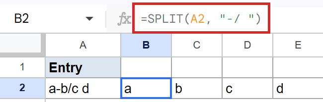 Formula `=SPLIT(A2, "-/ ")` in B2 splits "a-b/c d" into cells B2:E2.