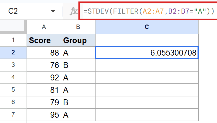 Google Sheet: STDEV with FILTER for Group A in formula bar, result in C2.