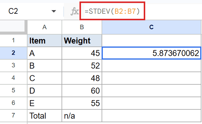 Google Sheets: Formula STDEV(B2:B7) in formula bar, cell C2 shows 5.87367.