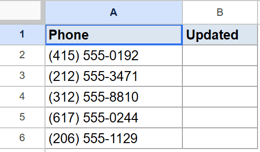 Google Sheets showing Phone numbers in column A, and an empty Updated column B.