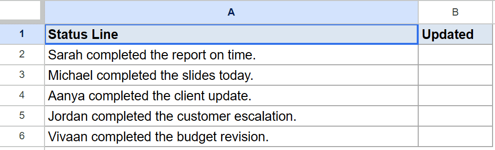 Google Sheet with 'Status Line' column containing sentences, and an empty 'Updated' column.
