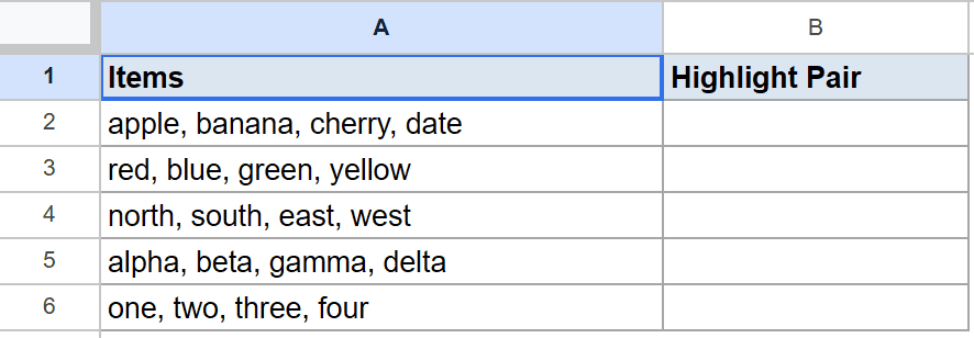 Google Sheet displaying "Items" column with word lists and an empty "Highlight Pair" column.