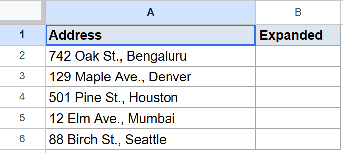 Google Sheet with 'Address' column A containing street addresses and empty 'Expanded' column B.