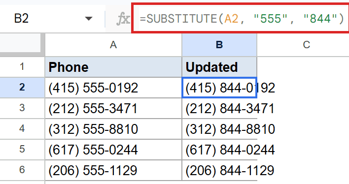 Google Sheets SUBSTITUTE formula in B2 updates phone numbers from 555 to 844.