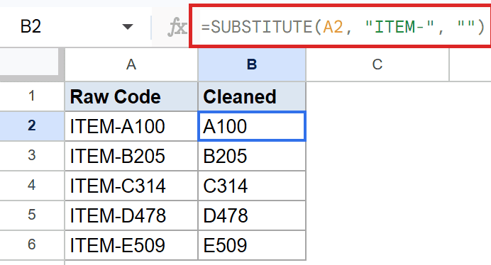 Google Sheets SUBSTITUTE function example removing "ITEM-" from raw codes.