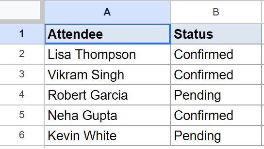 Sample Google Sheet showing attendee names and 'Confirmed' or 'Pending' statuses.