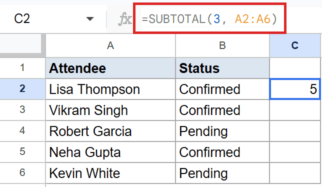 Google Sheets: SUBTOTAL(3, A2:A6) formula in C2 returns 5 attendees.