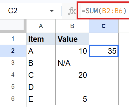 Google Sheets: Cell C2 selected, formula bar shows `=SUM(B2:B6)` for column B values.