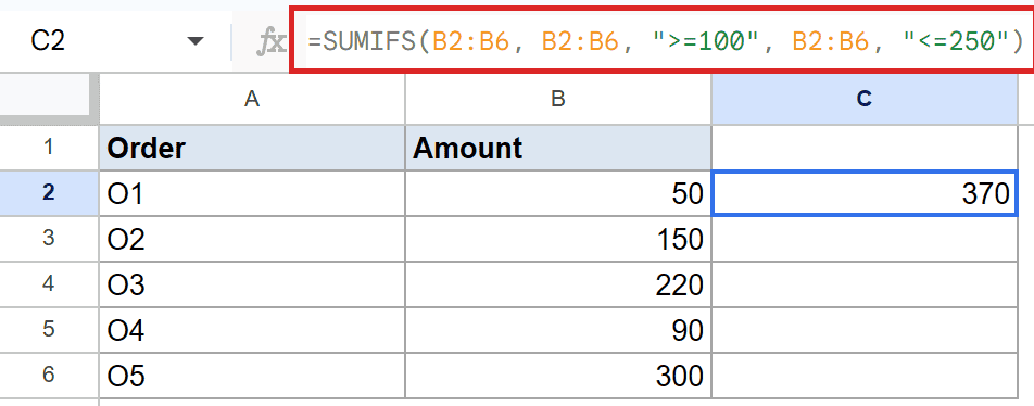 SUMIFS formula (B2:B6, ">=100", "<=250") in C2, result 370.