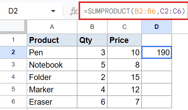 Google Sheets: Cell D2 shows 190 from SUMPRODUCT(B2:B6, C2:C6) in the formula bar.
