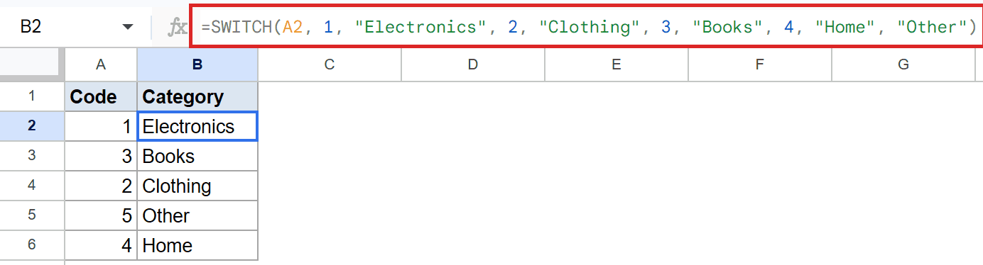 Google Sheets: Cell B2 displays a SWITCH formula, mapping codes to categories.