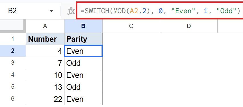 Google Sheets: B2 'Even' is result of SWITCH function checking A2's number parity.
