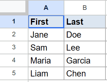 Google Sheet example dataset: "First" names in A, "Last" names in B.