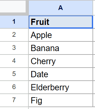 Google Sheet: TEXTJOIN Example 4 dataset with A1 'Fruit', A2-A7 listing fruits.