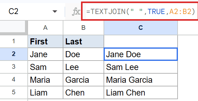Google Sheets: TEXTJOIN formula in the bar joins names like "Jane Doe" in column C.