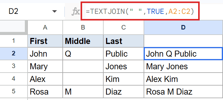 Google Sheets D2: TEXTJOIN formula combines A2:C2, showing 'John Q Public' and skipping blanks.
