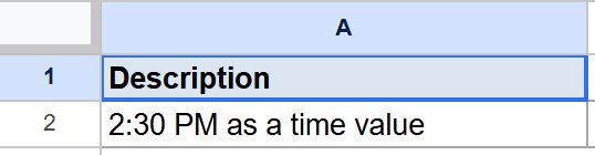 Google Sheets: Cell A1 "Description", Cell A2 "2:30 PM as a time value".