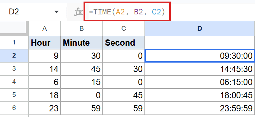 Google Sheets: D2 formula bar shows `=TIME(A2,B2,C2)`, resulting in 09:30:00.