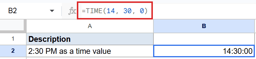 Google Sheets: Formula =TIME(14, 30, 0) in formula bar, cell B2 shows 14:30:00.