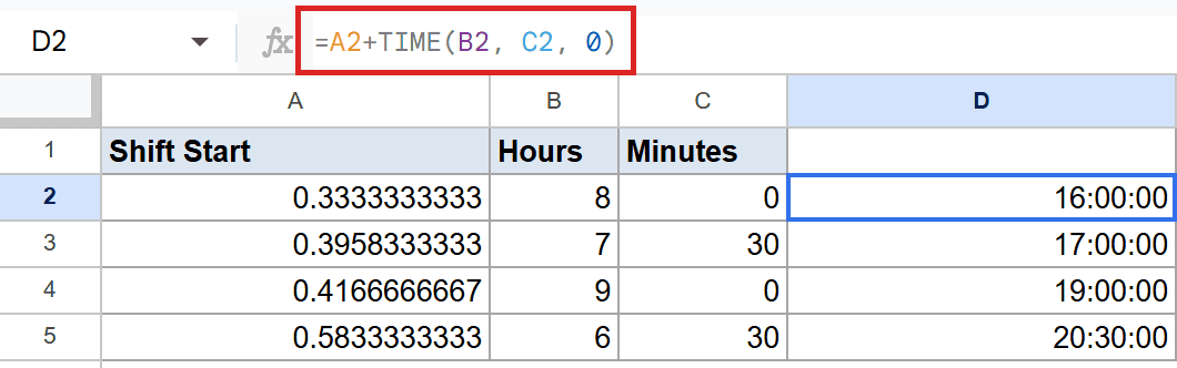 Google Sheets formula `=A2+TIME(B2, C2, 0)` in D2 results in 16:00:00.