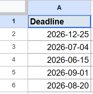 Google Sheet showing "Deadline" in A1 and five future dates for calculations.
