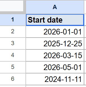 Google Sheet with "Start date" in A1 and example dates in A2-A6.