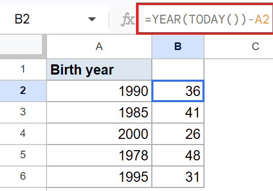 Google Sheets: Formula `=YEAR(TODAY())-A2` in B2 calculates age 36 from birth year.