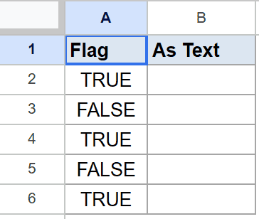 Google Sheet showing "Flag" column (TRUE/FALSE) and empty "As Text" column.