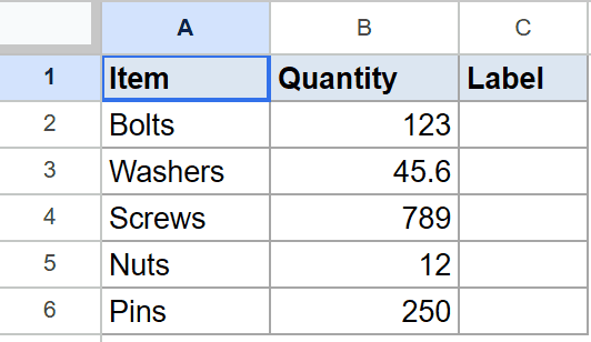 Google Sheet with Item (text) and Quantity (numbers) columns. Cell A1 highlighted.