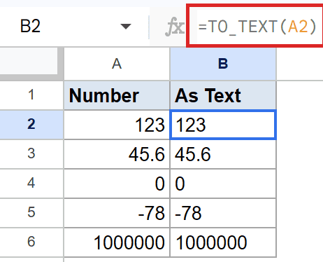 Google Sheets showing `TO_TEXT(A2)` formula in B2 converting 123 from number to text.