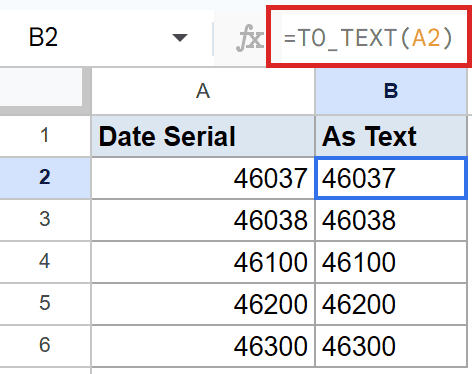 Google Sheets: Cell B2 shows `=TO_TEXT(A2)` converting date serial number 46037 to text.