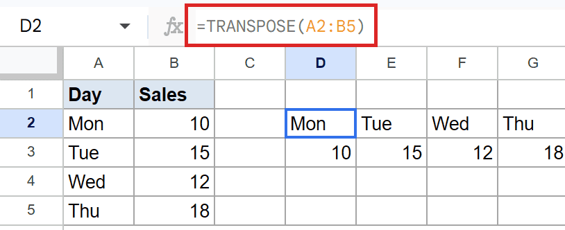 Google Sheets: formula `=TRANSPOSE(A2:B5)` in D2 transposes original data from A2:B5.