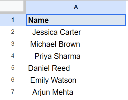 Google Sheets: column A shows 'Name' in A1 and six example names in A2-A7.