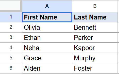 Google Sheets shows First Name and Last Name columns with five rows of name data.