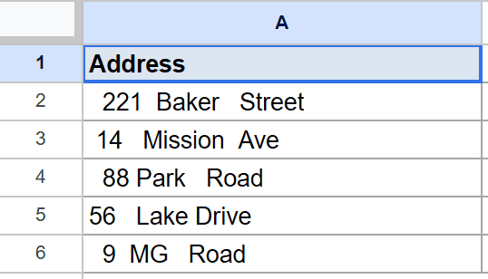 Google Sheets: Column A contains addresses, some with extra spaces.