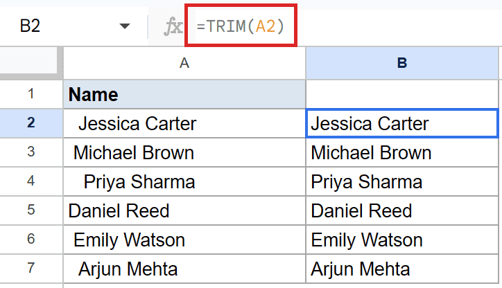 Google Sheets: Cell B2 shows trimmed text with `=TRIM(A2)` in the formula bar.