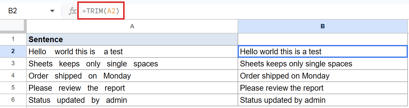 Google Sheets showing `=TRIM(A2)` formula in B2 for removing extra spaces from text.