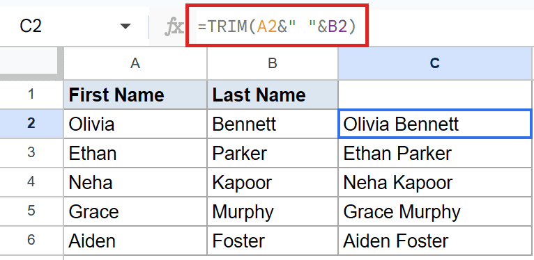 Google Sheet showing TRIM formula `=TRIM(A2&" "&B2)` in formula bar, result in C2.