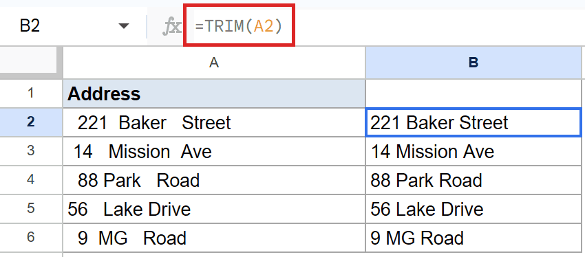 Google Sheets with formula =TRIM(A2) in B2, removing extra spaces from A2.