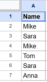 Google Sheet with Name column A1:A7, including duplicates Mike and Sara.