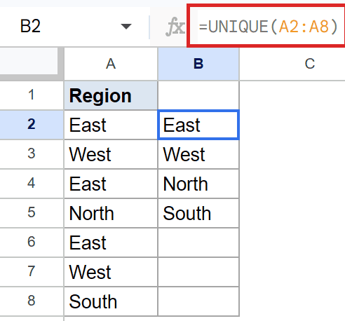 Google Sheets: UNIQUE(A2:A8) formula in B2 shows deduplicated region list.