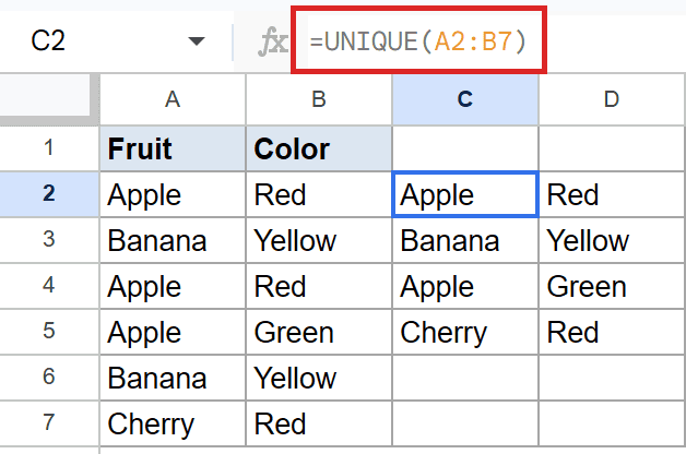 Google Sheets showing `=UNIQUE(A2:B7)` formula in the formula bar, producing unique fruit and color pairs.