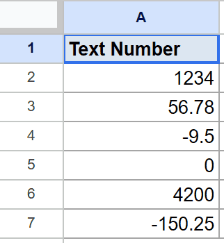 Google Sheets showing a column of text-formatted numbers under "Text Number" header.