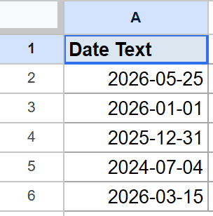 Google Sheet with 'Date Text' header and five rows of text dates.