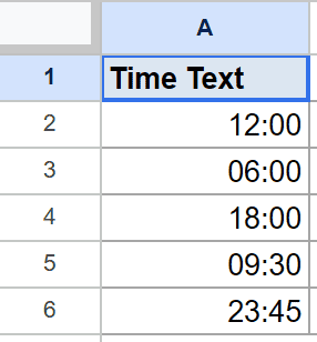 Google Sheet: Column A, header 'Time Text', with five text time entries.