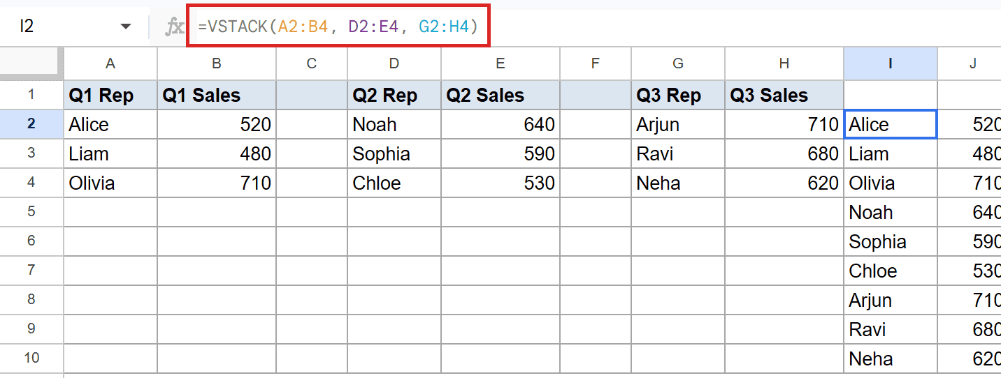 VSTACK formula in I2 stacks Q1, Q2, Q3 Rep and Sales data, spilling results.