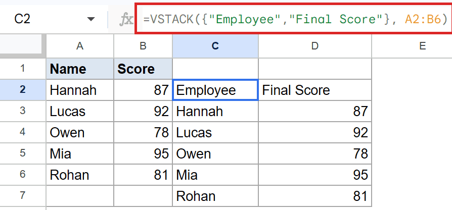 VSTACK formula in Google Sheets C2 stacks custom headers with data from A2:B6.