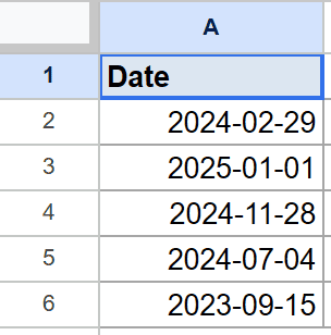 Google Sheet showing 'Date' header in A1 and five dates in A2:A6.